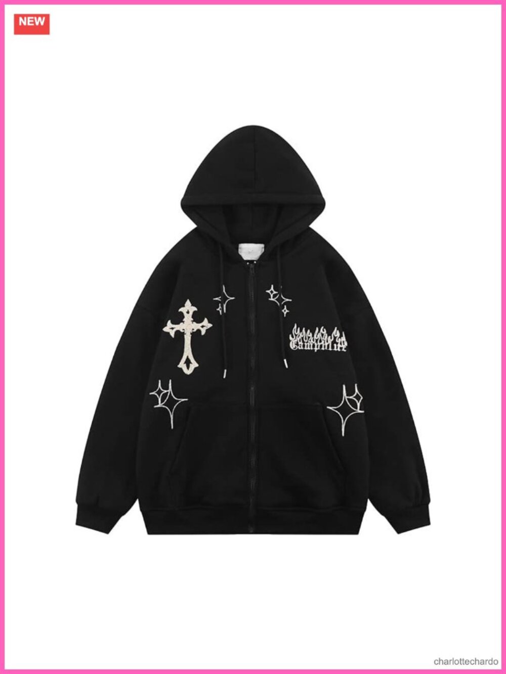 Gothic Embroidery Zip Up Hoodie Retro Harajuku Hip Hop Loose Sweatshirt Y2K